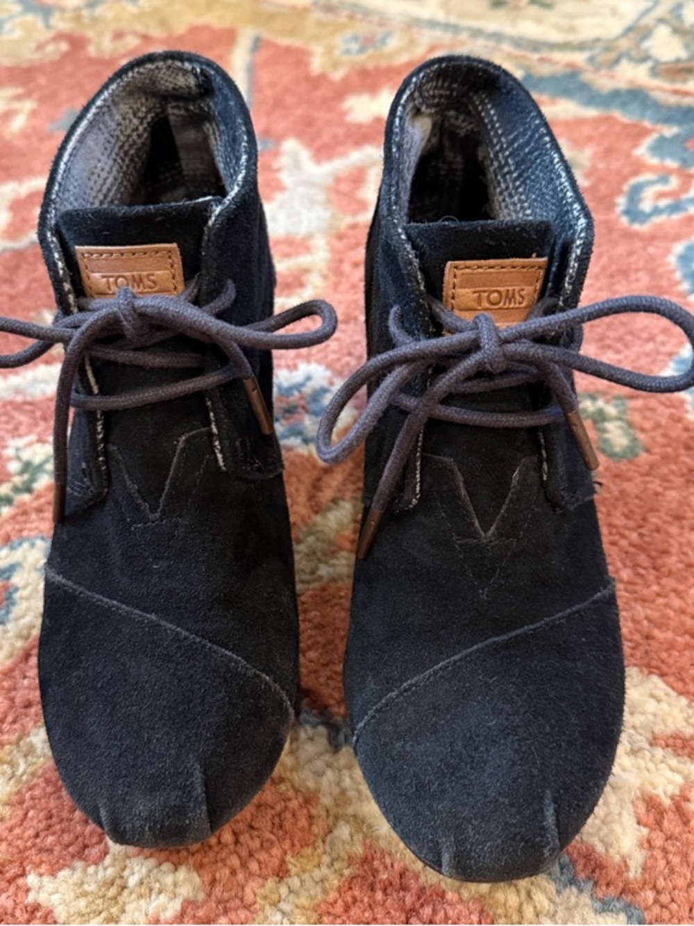 Toms Black Suede Lace-Up Ankle Boots with Leather Logo Tab
